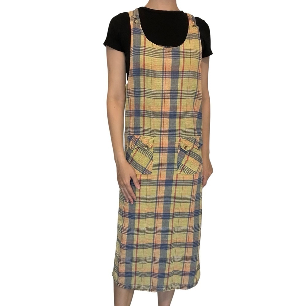 Vintage Overall Dress Plaid 1990s Casual Cotton Linen Summer Fun Size Medium